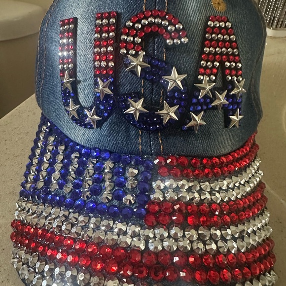 USA Rhinestone Denim Cap - Picture 1 of 4
